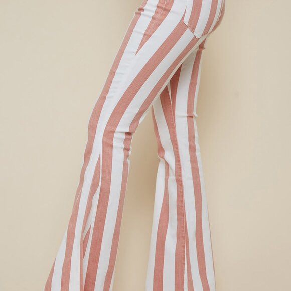 Burnt Coral Striped Washed Denim Bell Bottom Jeans - Picture 2 of 4